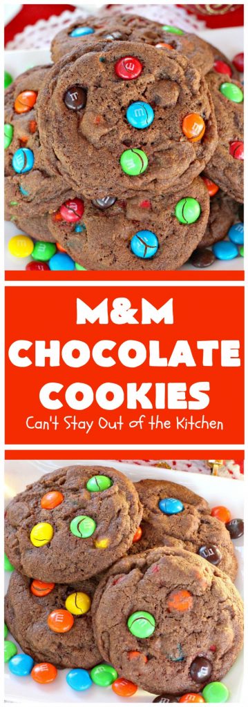 M&M Chocolate Cookies | Can't Stay Out of the Kitchen | these fantastic #chocolate #cookies are so festive and beautiful for the #holidays. They're double loaded with chocolate & #MMs. This #dessert is absolutely a chocolate lover's delight! #ChristmasCookieExchange #HolidayBaking #HolidayDessert #baking #ChocolateDessert #MMDessert #MMChocolateCookies
