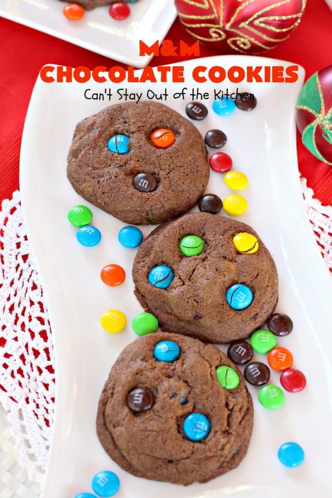 M&M Chocolate Cookies | Can't Stay Out of the Kitchen | these fantastic #chocolate #cookies are so festive and beautiful for the #holidays. They're double loaded with chocolate & #MMs. This #dessert is absolutely a chocolate lover's delight! #ChristmasCookieExchange #HolidayBaking #HolidayDessert #baking #ChocolateDessert #MMDessert #MMChocolateCookies