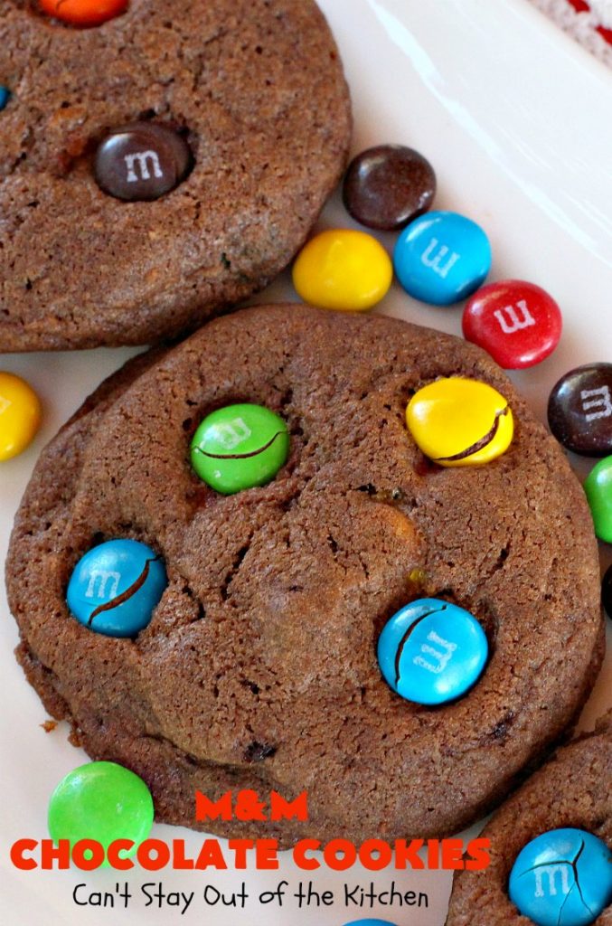 M&M Chocolate Cookies | Can't Stay Out of the Kitchen | these fantastic #chocolate #cookies are so festive and beautiful for the #holidays. They're double loaded with chocolate & #MMs. This #dessert is absolutely a chocolate lover's delight! #ChristmasCookieExchange #HolidayBaking #HolidayDessert #baking #ChocolateDessert #MMDessert #MMChocolateCookies