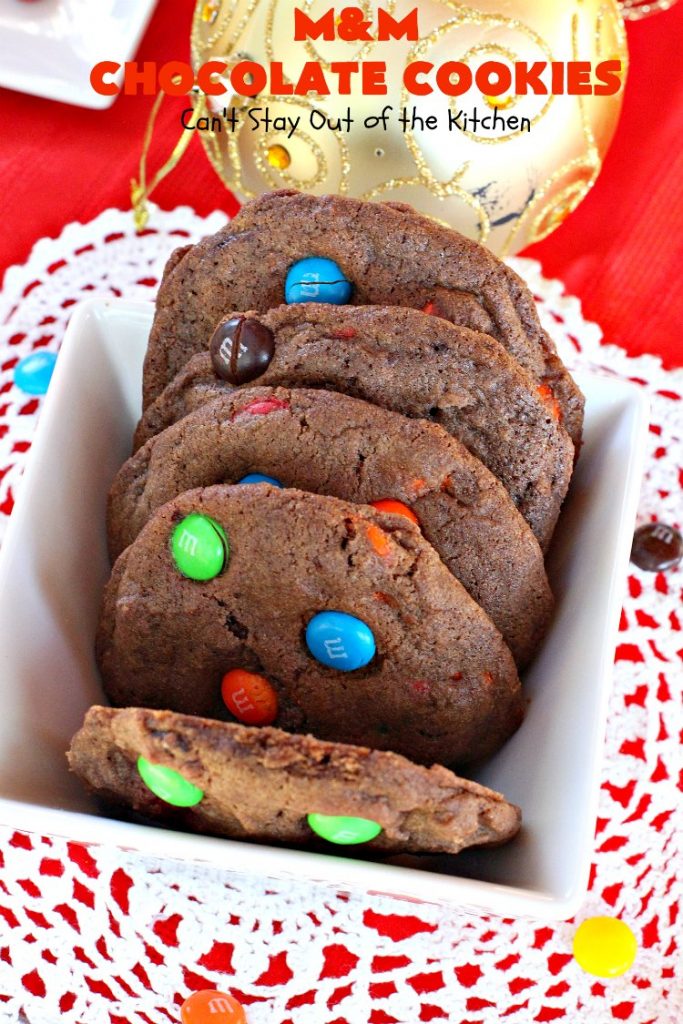 M&M Chocolate Cookies | Can't Stay Out of the Kitchen | these fantastic #chocolate #cookies are so festive and beautiful for the #holidays. They're double loaded with chocolate & #MMs. This #dessert is absolutely a chocolate lover's delight! #ChristmasCookieExchange #HolidayBaking #HolidayDessert #baking #ChocolateDessert #MMDessert #MMChocolateCookies