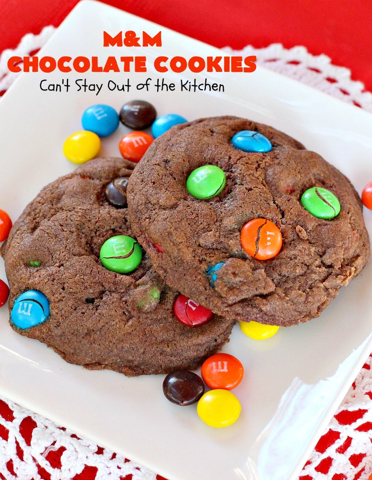 M&M Chocolate Cookies | Can't Stay Out of the Kitchen | these fantastic #chocolate #cookies are so festive and beautiful for the #holidays. They're double loaded with chocolate & #MMs. This #dessert is absolutely a chocolate lover's delight! #ChristmasCookieExchange #HolidayBaking #HolidayDessert #baking #ChocolateDessert #MMDessert #MMChocolateCookies