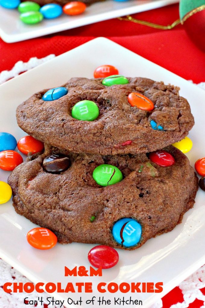 M&M Chocolate Cookies | Can't Stay Out of the Kitchen | these fantastic #chocolate #cookies are so festive and beautiful for the #holidays. They're double loaded with chocolate & #MMs. This #dessert is absolutely a chocolate lover's delight! #ChristmasCookieExchange #HolidayBaking #HolidayDessert #baking #ChocolateDessert #MMDessert #MMChocolateCookies