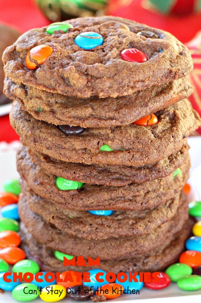 M&M Chocolate Cookies | Can't Stay Out of the Kitchen | these fantastic #chocolate #cookies are so festive and beautiful for the #holidays. They're double loaded with chocolate & #MMs. This #dessert is absolutely a chocolate lover's delight! #ChristmasCookieExchange #HolidayBaking #HolidayDessert #baking #ChocolateDessert #MMDessert #MMChocolateCookies