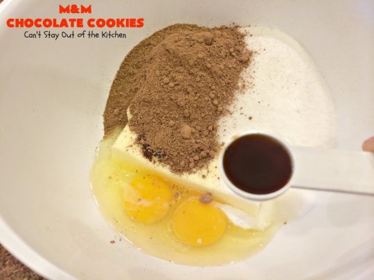 M&M Chocolate Cookies | Can't Stay Out of the Kitchen | these fantastic #chocolate #cookies are so festive and beautiful for the #holidays. They're double loaded with chocolate & #MMs. This #dessert is absolutely a chocolate lover's delight! #ChristmasCookieExchange #HolidayBaking #HolidayDessert #baking #ChocolateDessert #MMDessert #MMChocolateCookies