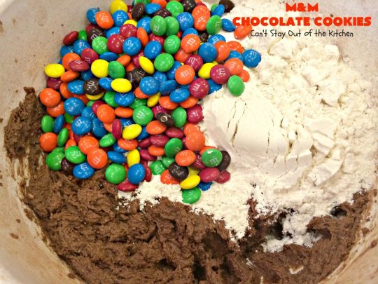 M&M Chocolate Cookies | Can't Stay Out of the Kitchen | these fantastic #chocolate #cookies are so festive and beautiful for the #holidays. They're double loaded with chocolate & #MMs. This #dessert is absolutely a chocolate lover's delight! #ChristmasCookieExchange #HolidayBaking #HolidayDessert #baking #ChocolateDessert #MMDessert #MMChocolateCookies