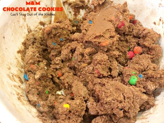M&M Chocolate Cookies | Can't Stay Out of the Kitchen | these fantastic #chocolate #cookies are so festive and beautiful for the #holidays. They're double loaded with chocolate & #MMs. This #dessert is absolutely a chocolate lover's delight! #ChristmasCookieExchange #HolidayBaking #HolidayDessert #baking #ChocolateDessert #MMDessert #MMChocolateCookies