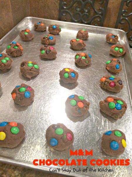 M&M Chocolate Cookies | Can't Stay Out of the Kitchen | these fantastic #chocolate #cookies are so festive and beautiful for the #holidays. They're double loaded with chocolate & #MMs. This #dessert is absolutely a chocolate lover's delight! #ChristmasCookieExchange #HolidayBaking #HolidayDessert #baking #ChocolateDessert #MMDessert #MMChocolateCookies
