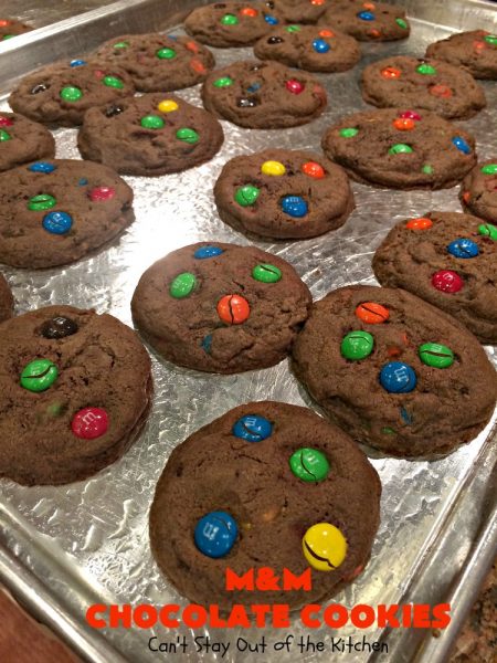 M&M Chocolate Cookies | Can't Stay Out of the Kitchen | these fantastic #chocolate #cookies are so festive and beautiful for the #holidays. They're double loaded with chocolate & #MMs. This #dessert is absolutely a chocolate lover's delight! #ChristmasCookieExchange #HolidayBaking #HolidayDessert #baking #ChocolateDessert #MMDessert #MMChocolateCookies