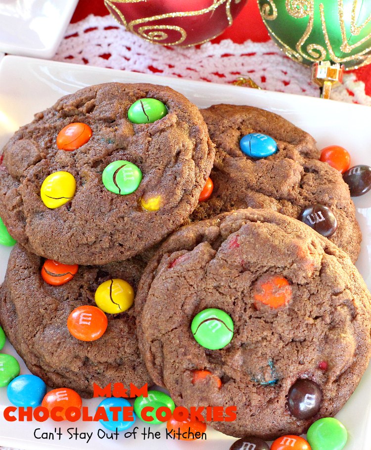 M&M Chocolate Cookies | Can't Stay Out of the Kitchen | these fantastic #chocolate #cookies are so festive and beautiful for the #holidays. They're double loaded with chocolate & #MMs. This #dessert is absolutely a chocolate lover's delight! #ChristmasCookieExchange #HolidayBaking #HolidayDessert #baking #ChocolateDessert #MMDessert #MMChocolateCookies