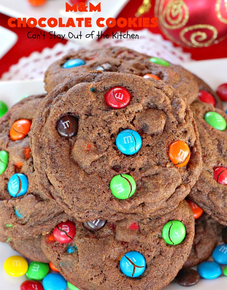 M&M Chocolate Cookies | Can't Stay Out of the Kitchen | these fantastic #chocolate #cookies are so festive and beautiful for the #holidays. They're double loaded with chocolate & #MMs. This #dessert is absolutely a chocolate lover's delight! #ChristmasCookieExchange #HolidayBaking #HolidayDessert #baking #ChocolateDessert #MMDessert #MMChocolateCookies