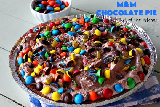 M&M Chocolate Pie | Can't Stay Out of the Kitchen | this awesome 5-ingredient #dessert is rich, decadent & heavenly. The #chocolate filling is filled with #M&Ms making it utterly delightful. Perfect for #holiday or company parties. #pie #ChocolateDessert #HolidayDessert #M&MDessert #M&MChocolatePie #ChocolatePie #MMs