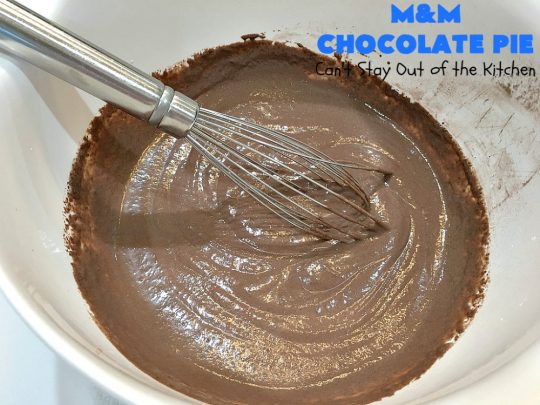 M&M Chocolate Pie | Can't Stay Out of the Kitchen | this awesome 5-ingredient #dessert is rich, decadent & heavenly. The #chocolate filling is filled with #M&Ms making it utterly delightful. Perfect for #holiday or company parties. #pie #ChocolateDessert #HolidayDessert #M&MDessert #M&MChocolatePie #ChocolatePie #MMs