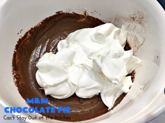 M&M Chocolate Pie | Can't Stay Out of the Kitchen | this awesome 5-ingredient #dessert is rich, decadent & heavenly. The #chocolate filling is filled with #M&Ms making it utterly delightful. Perfect for #holiday or company parties. #pie #ChocolateDessert #HolidayDessert #M&MDessert #M&MChocolatePie #ChocolatePie #MMs