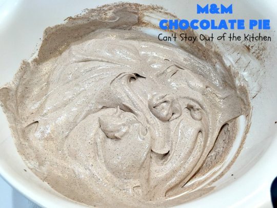 M&M Chocolate Pie | Can't Stay Out of the Kitchen | this awesome 5-ingredient #dessert is rich, decadent & heavenly. The #chocolate filling is filled with #M&Ms making it utterly delightful. Perfect for #holiday or company parties. #pie #ChocolateDessert #HolidayDessert #M&MDessert #M&MChocolatePie #ChocolatePie #MMs