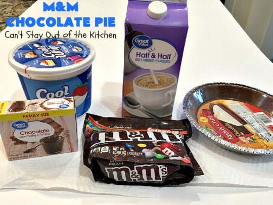 M&M Chocolate Pie | Can't Stay Out of the Kitchen | this awesome 5-ingredient #dessert is rich, decadent & heavenly. The #chocolate filling is filled with #M&Ms making it utterly delightful. Perfect for #holiday or company parties. #pie #ChocolateDessert #HolidayDessert #M&MDessert #M&MChocolatePie #ChocolatePie #MMs
