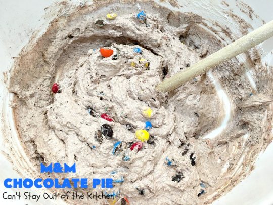 M&M Chocolate Pie | Can't Stay Out of the Kitchen | this awesome 5-ingredient #dessert is rich, decadent & heavenly. The #chocolate filling is filled with #M&Ms making it utterly delightful. Perfect for #holiday or company parties. #pie #ChocolateDessert #HolidayDessert #M&MDessert #M&MChocolatePie #ChocolatePie #MMs