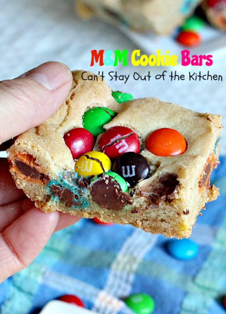 M&M Cookie Bars | Can't Stay Out of the Kitchen | these #brownies are so delectable you won't be able to stop eating them! #M&Ms #cookie #dessert #tailgating