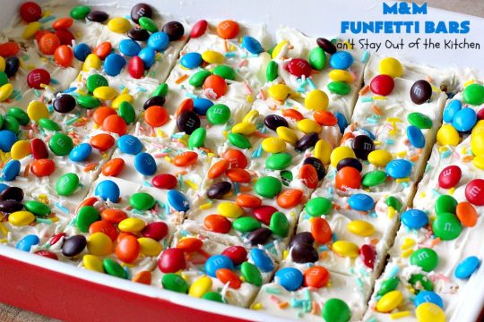 M&M Funfetti Bars | Can't Stay Out of the Kitchen | this easy 6-ingredient #recipe will knock your socks off! Every bite is so rich, decadent & divine. If you enjoy the flavors of #MMs & #Funfetti, you'll love these luscious #dessert #brownies. Great for #tailgating, potlucks or #holiday #baking. #MMFunfettiBars #ConfettiCakeMix #ChocolateDessert #cookies #MMDessert #6IngredientBrownies #chocolate