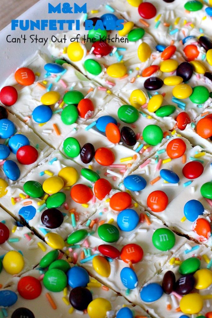 M&M Funfetti Bars | Can't Stay Out of the Kitchen | this easy 6-ingredient #recipe will knock your socks off! Every bite is so rich, decadent & divine. If you enjoy the flavors of #MMs & #Funfetti, you'll love these luscious #dessert #brownies. Great for #tailgating, potlucks or #holiday #baking. #MMFunfettiBars #ConfettiCakeMix #ChocolateDessert #cookies #MMDessert #6IngredientBrownies #chocolate