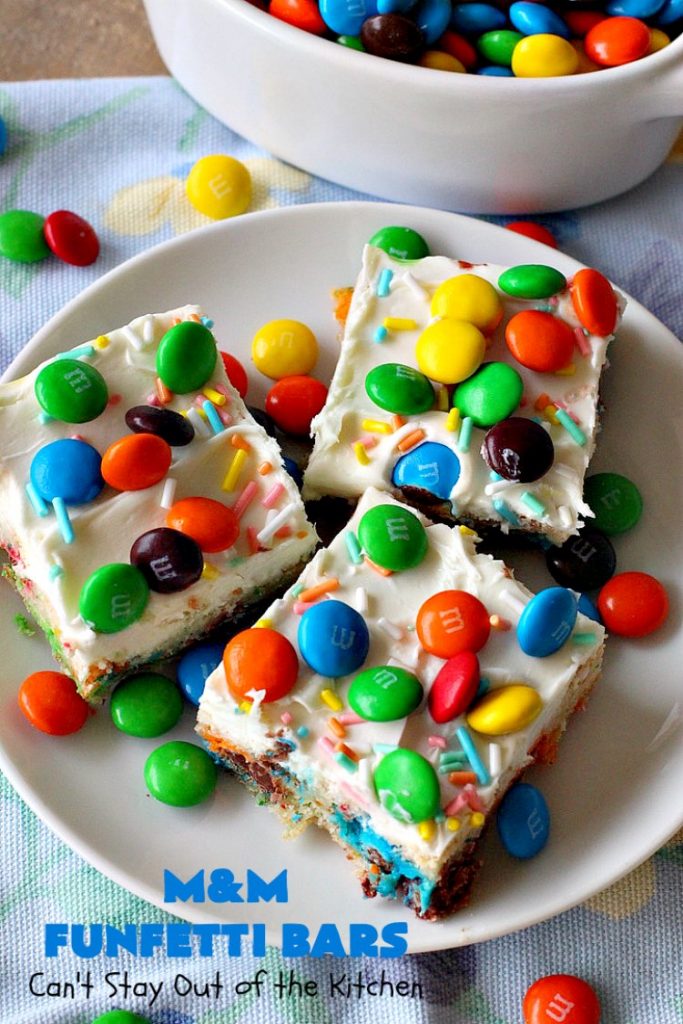 M&M Funfetti Bars | Can't Stay Out of the Kitchen | this easy 6-ingredient #recipe will knock your socks off! Every bite is so rich, decadent & divine. If you enjoy the flavors of #MMs & #Funfetti, you'll love these luscious #dessert #brownies. Great for #tailgating, potlucks or #holiday #baking. #MMFunfettiBars #ConfettiCakeMix #ChocolateDessert #cookies #MMDessert #6IngredientBrownies #chocolate