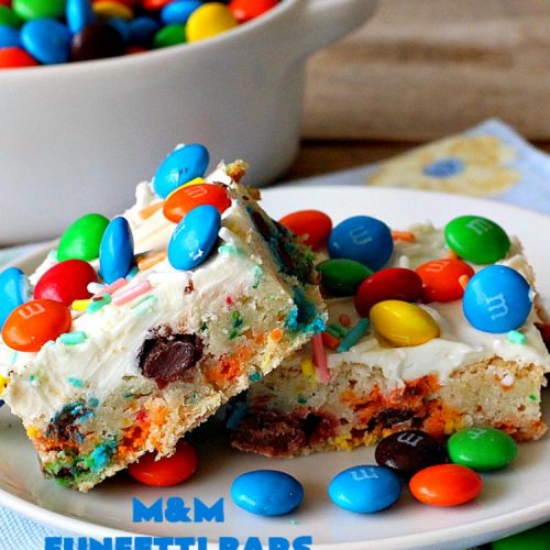M&M Funfetti Bars | Can't Stay Out of the Kitchen | this easy 6-ingredient #recipe will knock your socks off! Every bite is so rich, decadent & divine. If you enjoy the flavors of #MMs & #Funfetti, you'll love these luscious #dessert #brownies. Great for #tailgating, potlucks or #holiday #baking. #MMFunfettiBars #ConfettiCakeMix #ChocolateDessert #cookies #MMDessert #6IngredientBrownies #chocolate