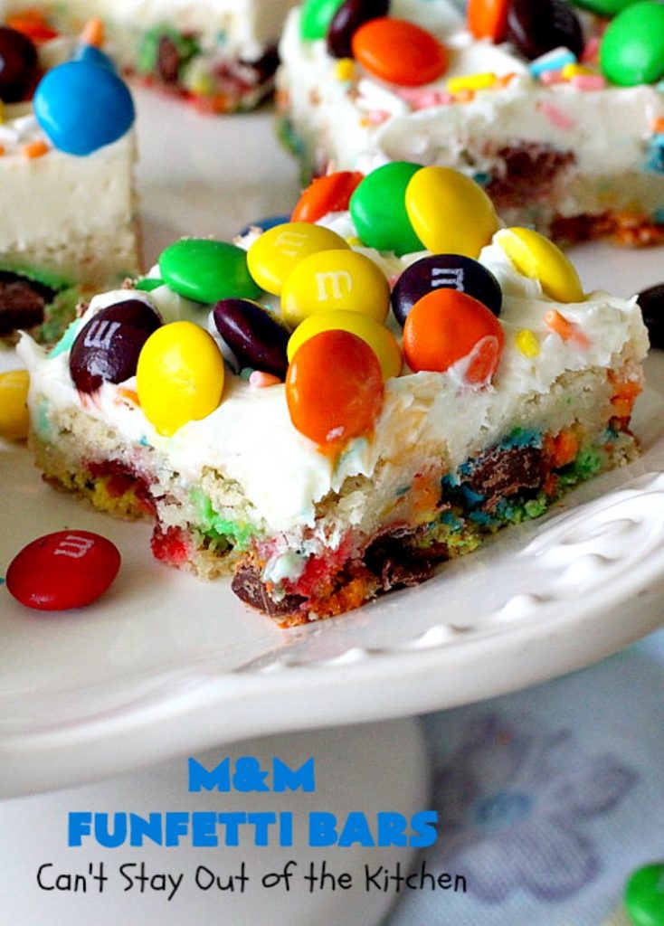 M&M Funfetti Bars | Can't Stay Out of the Kitchen | this easy 6-ingredient #recipe will knock your socks off! Every bite is so rich, decadent & divine. If you enjoy the flavors of #MMs & #Funfetti, you'll love these luscious #dessert #brownies. Great for #tailgating, potlucks or #holiday #baking. #MMFunfettiBars #ConfettiCakeMix #ChocolateDessert #cookies #MMDessert #6IngredientBrownies #chocolate