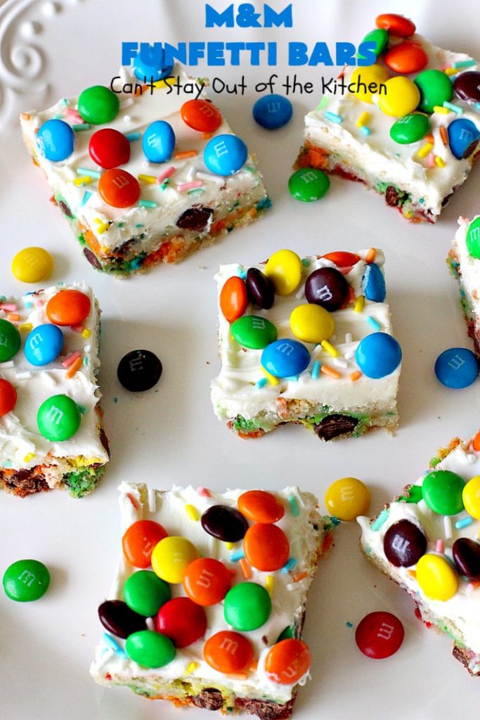 M&M Funfetti Bars | Can't Stay Out of the Kitchen | this easy 6-ingredient #recipe will knock your socks off! Every bite is so rich, decadent & divine. If you enjoy the flavors of #MMs & #Funfetti, you'll love these luscious #dessert #brownies. Great for #tailgating, potlucks or #holiday #baking. #MMFunfettiBars #ConfettiCakeMix #ChocolateDessert #cookies #MMDessert #6IngredientBrownies #chocolate