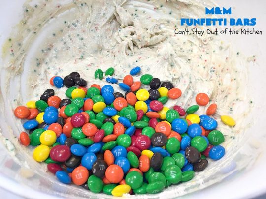 M&M Funfetti Bars | Can't Stay Out of the Kitchen | this easy 6-ingredient #recipe will knock your socks off! Every bite is so rich, decadent & divine. If you enjoy the flavors of #MMs & #Funfetti, you'll love these luscious #dessert #brownies. Great for #tailgating, potlucks or #holiday #baking. #MMFunfettiBars #ConfettiCakeMix #ChocolateDessert #cookies #MMDessert #6IngredientBrownies #chocolate