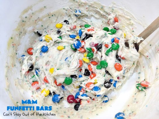M&M Funfetti Bars | Can't Stay Out of the Kitchen | this easy 6-ingredient #recipe will knock your socks off! Every bite is so rich, decadent & divine. If you enjoy the flavors of #MMs & #Funfetti, you'll love these luscious #dessert #brownies. Great for #tailgating, potlucks or #holiday #baking. #MMFunfettiBars #ConfettiCakeMix #ChocolateDessert #cookies #MMDessert #6IngredientBrownies #chocolate