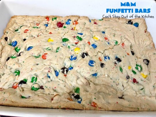 M&M Funfetti Bars | Can't Stay Out of the Kitchen | this easy 6-ingredient #recipe will knock your socks off! Every bite is so rich, decadent & divine. If you enjoy the flavors of #MMs & #Funfetti, you'll love these luscious #dessert #brownies. Great for #tailgating, potlucks or #holiday #baking. #MMFunfettiBars #ConfettiCakeMix #ChocolateDessert #cookies #MMDessert #6IngredientBrownies #chocolate