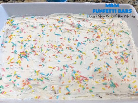 M&M Funfetti Bars | Can't Stay Out of the Kitchen | this easy 6-ingredient #recipe will knock your socks off! Every bite is so rich, decadent & divine. If you enjoy the flavors of #MMs & #Funfetti, you'll love these luscious #dessert #brownies. Great for #tailgating, potlucks or #holiday #baking. #MMFunfettiBars #ConfettiCakeMix #ChocolateDessert #cookies #MMDessert #6IngredientBrownies #chocolate