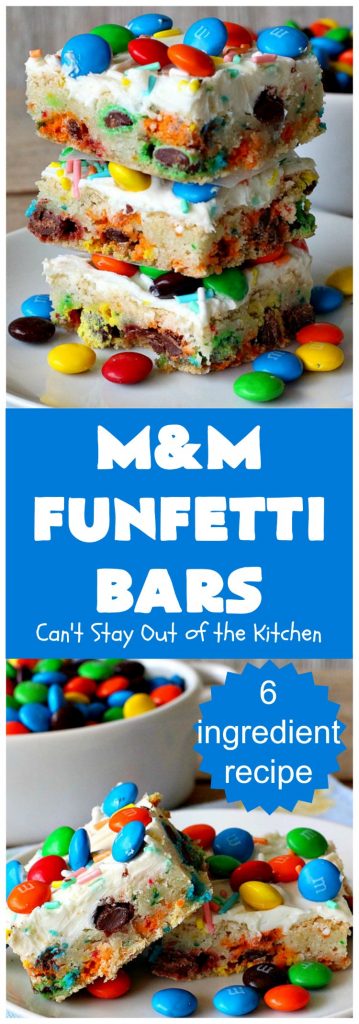 M&M Funfetti Bars | Can't Stay Out of the Kitchen | this easy 6-ingredient #recipe will knock your socks off! Every bite is so rich, decadent & divine. If you enjoy the flavors of #MMs & #Funfetti, you'll love these luscious #dessert #brownies. Great for #tailgating, potlucks or #holiday #baking. #MMFunfettiBars #ConfettiCakeMix #ChocolateDessert #cookies #MMDessert #6IngredientBrownies #chocolate