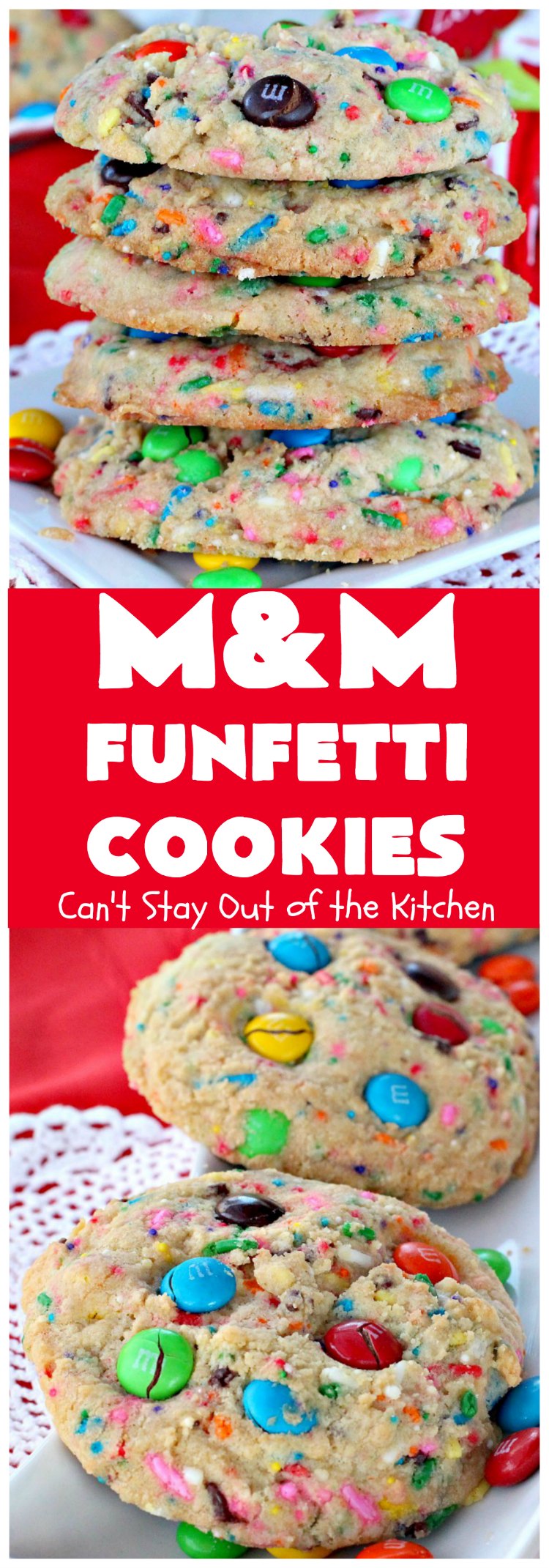 M&M Funfetti Cookies | Can't Stay Out of the Kitchen | these spectacular #cookies are filled with both #MMs & #funfetti #sprinkles! They are so drool-worthy. Every bite will have you coming back for more. Great #dessert for #tailgating or #Christmas parties, potlucks, or summer #holiday fun. #chocolate #ChocolateDessert #MMDessert #FunfettiDessert
