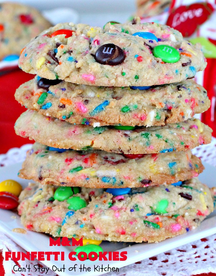 M&M Funfetti Cookies | Can't Stay Out of the Kitchen | these spectacular #cookies are filled with both #MMs & #funfetti #sprinkles! They are so drool-worthy. Every bite will have you coming back for more. Great #dessert for #tailgating or #Christmas parties, potlucks, or summer #holiday fun. #chocolate #ChocolateDessert #MMDessert #FunfettiDessert