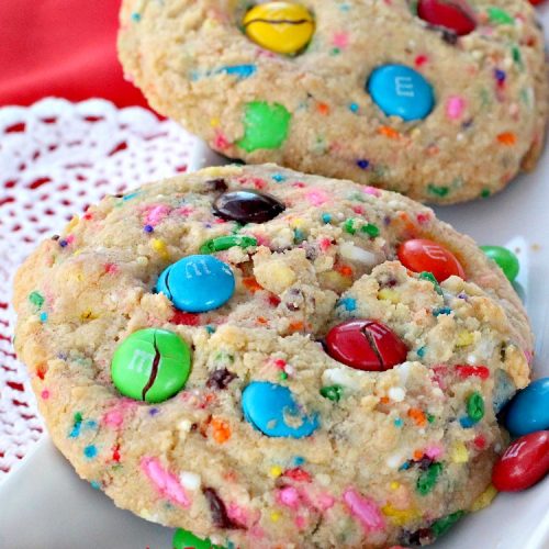 M&M Funfetti Cookies | Can't Stay Out of the Kitchen | these spectacular #cookies are filled with both #MMs & #funfetti #sprinkles! They are so drool-worthy. Every bite will have you coming back for more. Great #dessert for #tailgating or #Christmas parties, potlucks, or summer #holiday fun. #chocolate #ChocolateDessert #MMDessert #FunfettiDessert
