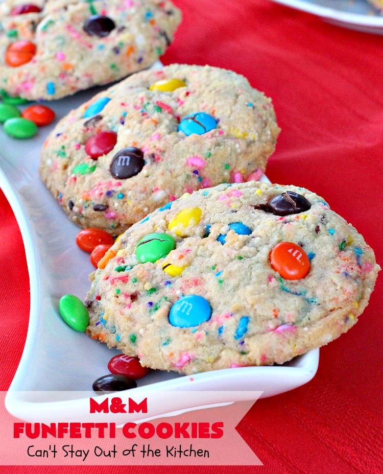 M&M Funfetti Cookies | Can't Stay Out of the Kitchen | these spectacular #cookies are filled with both #MMs & #funfetti #sprinkles! They are so drool-worthy. Every bite will have you coming back for more. Great #dessert for #tailgating or #Christmas parties, potlucks, or summer #holiday fun. #chocolate #ChocolateDessert #MMDessert #FunfettiDessert