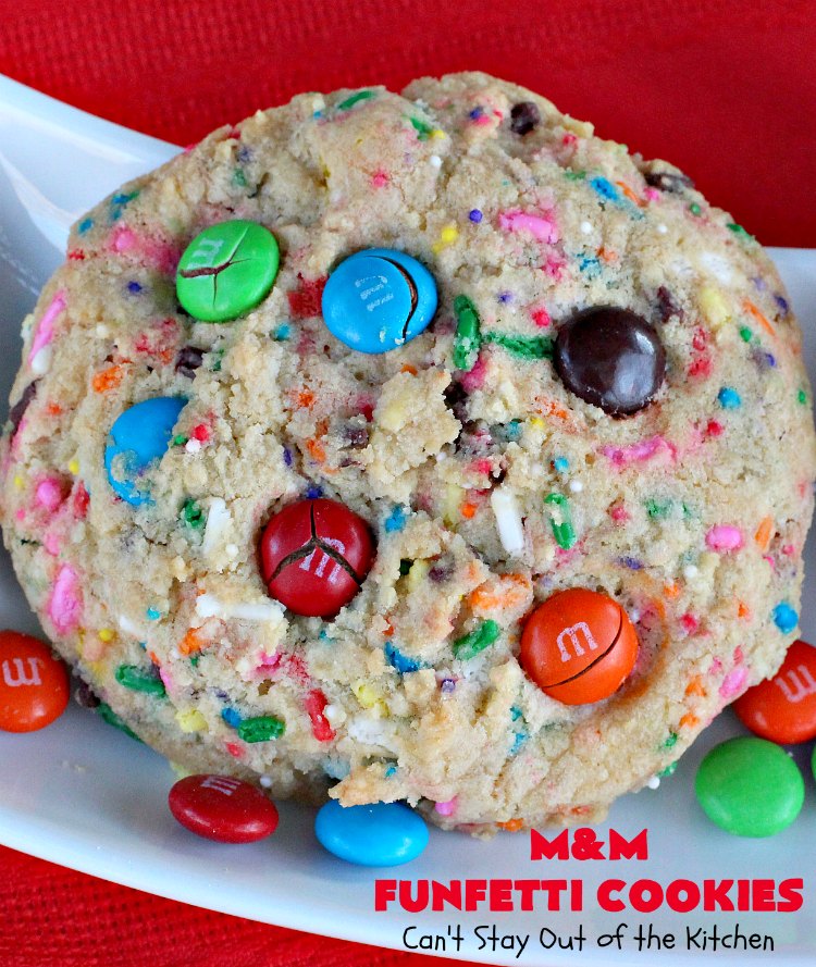 M&M Funfetti Cookies | Can't Stay Out of the Kitchen | these spectacular #cookies are filled with both #MMs & #funfetti #sprinkles! They are so drool-worthy. Every bite will have you coming back for more. Great #dessert for #tailgating or #Christmas parties, potlucks, or summer #holiday fun. #chocolate #ChocolateDessert #MMDessert #FunfettiDessert