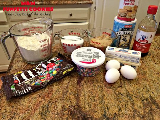 M&M Funfetti Cookies | Can't Stay Out of the Kitchen | these spectacular #cookies are filled with both #MMs & #funfetti #sprinkles! They are so drool-worthy. Every bite will have you coming back for more. Great #dessert for #tailgating or #Christmas parties, potlucks, or summer #holiday fun. #chocolate #ChocolateDessert #MMDessert #FunfettiDessert