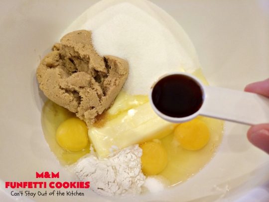 M&M Funfetti Cookies | Can't Stay Out of the Kitchen | these spectacular #cookies are filled with both #MMs & #funfetti #sprinkles! They are so drool-worthy. Every bite will have you coming back for more. Great #dessert for #tailgating or #Christmas parties, potlucks, or summer #holiday fun. #chocolate #ChocolateDessert #MMDessert #FunfettiDessert