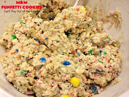 M&M Funfetti Cookies | Can't Stay Out of the Kitchen | these spectacular #cookies are filled with both #MMs & #funfetti #sprinkles! They are so drool-worthy. Every bite will have you coming back for more. Great #dessert for #tailgating or #Christmas parties, potlucks, or summer #holiday fun. #chocolate #ChocolateDessert #MMDessert #FunfettiDessert