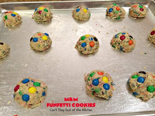 M&M Funfetti Cookies | Can't Stay Out of the Kitchen | these spectacular #cookies are filled with both #MMs & #funfetti #sprinkles! They are so drool-worthy. Every bite will have you coming back for more. Great #dessert for #tailgating or #Christmas parties, potlucks, or summer #holiday fun. #chocolate #ChocolateDessert #MMDessert #FunfettiDessert