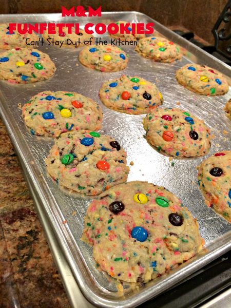 M&M Funfetti Cookies | Can't Stay Out of the Kitchen | these spectacular #cookies are filled with both #MMs & #funfetti #sprinkles! They are so drool-worthy. Every bite will have you coming back for more. Great #dessert for #tailgating or #Christmas parties, potlucks, or summer #holiday fun. #chocolate #ChocolateDessert #MMDessert #FunfettiDessert