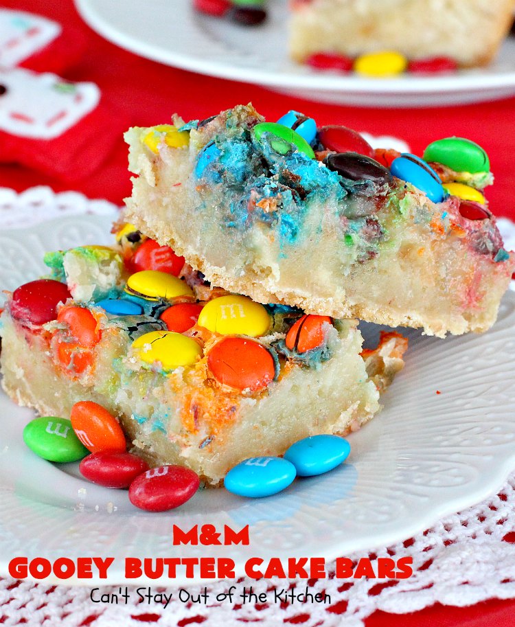 M&M Gooey Butter Cake Bars | Can't Stay Out of the Kitchen | these fabulous #Gooey ButterCake #cookies are rich and heavenly. Every bite will have you drooling. Adding #MMs is so scrumptious. Terrific #dessert for #MemorialDay or other summer #holiday fun. #brownie #chocolate #ChocolateDessert #MMDessert