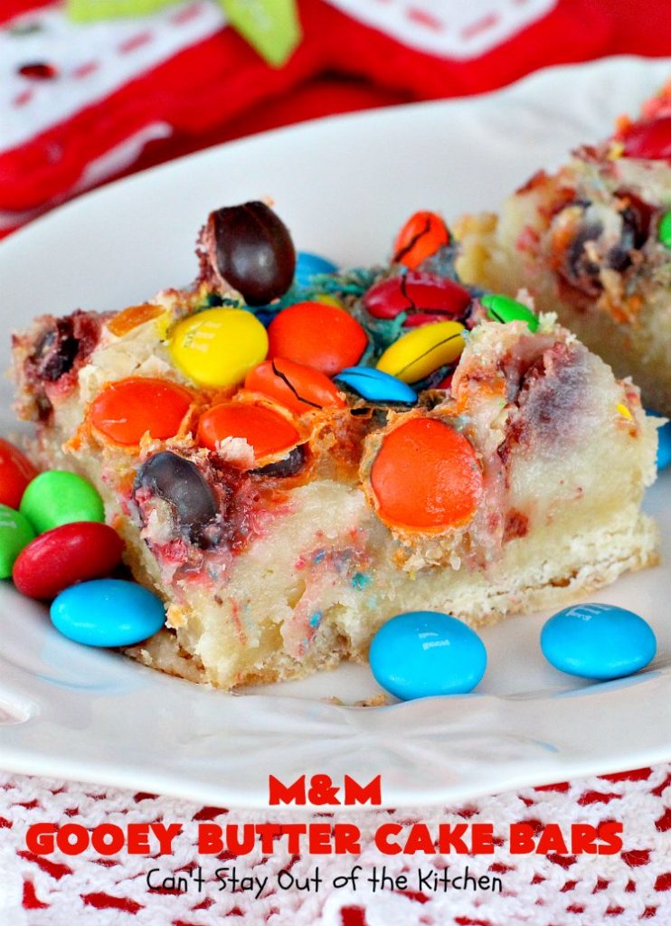 M&M Gooey Butter Cake Bars | Can't Stay Out of the Kitchen | these fabulous #Gooey ButterCake #cookies are rich and heavenly. Every bite will have you drooling. Adding #MMs is so scrumptious. Terrific #dessert for #MemorialDay or other summer #holiday fun. #brownie #chocolate #ChocolateDessert #MMDessert