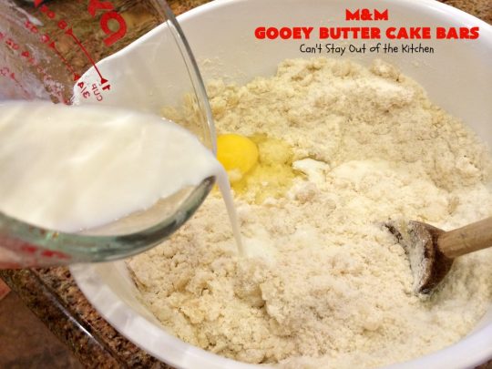 M&M Gooey Butter Cake Bars | Can't Stay Out of the Kitchen | these fabulous #Gooey ButterCake #cookies are rich and heavenly. Every bite will have you drooling. Adding #MMs is so scrumptious. Terrific #dessert for #MemorialDay or other summer #holiday fun. #brownie #chocolate #ChocolateDessert #MMDessert