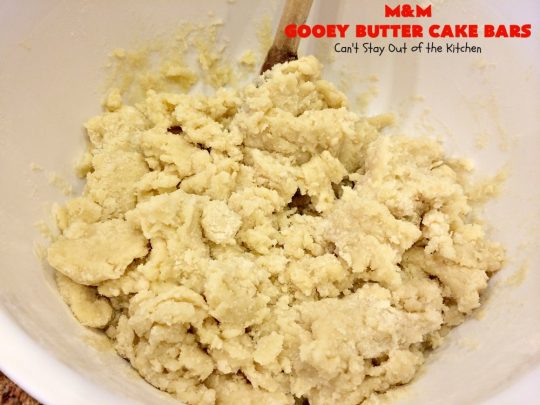 M&M Gooey Butter Cake Bars | Can't Stay Out of the Kitchen | these fabulous #Gooey ButterCake #cookies are rich and heavenly. Every bite will have you drooling. Adding #MMs is so scrumptious. Terrific #dessert for #MemorialDay or other summer #holiday fun. #brownie #chocolate #ChocolateDessert #MMDessert