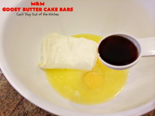 M&M Gooey Butter Cake Bars | Can't Stay Out of the Kitchen | these fabulous #Gooey ButterCake #cookies are rich and heavenly. Every bite will have you drooling. Adding #MMs is so scrumptious. Terrific #dessert for #MemorialDay or other summer #holiday fun. #brownie #chocolate #ChocolateDessert #MMDessert