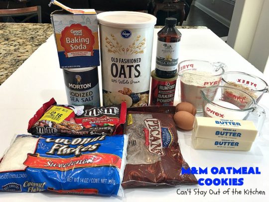 M&M Oatmeal Cookies | Can't Stay Out of the Kitchen | we had people tell us these were the BEST #cookies they've ever eaten after sampling these delicious jewels! So, so good. #M&Ms #OatmealCookies #coconut #pecans #chocolate #Tailgating #ChocolateDessert #M&MDessert #dessert #M&MCookies #M&MOatmealCookies