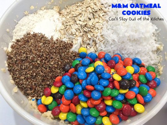 M&M Oatmeal Cookies | Can't Stay Out of the Kitchen | we had people tell us these were the BEST #cookies they've ever eaten after sampling these delicious jewels! So, so good. #M&Ms #OatmealCookies #coconut #pecans #chocolate #Tailgating #ChocolateDessert #M&MDessert #dessert #M&MCookies #M&MOatmealCookies