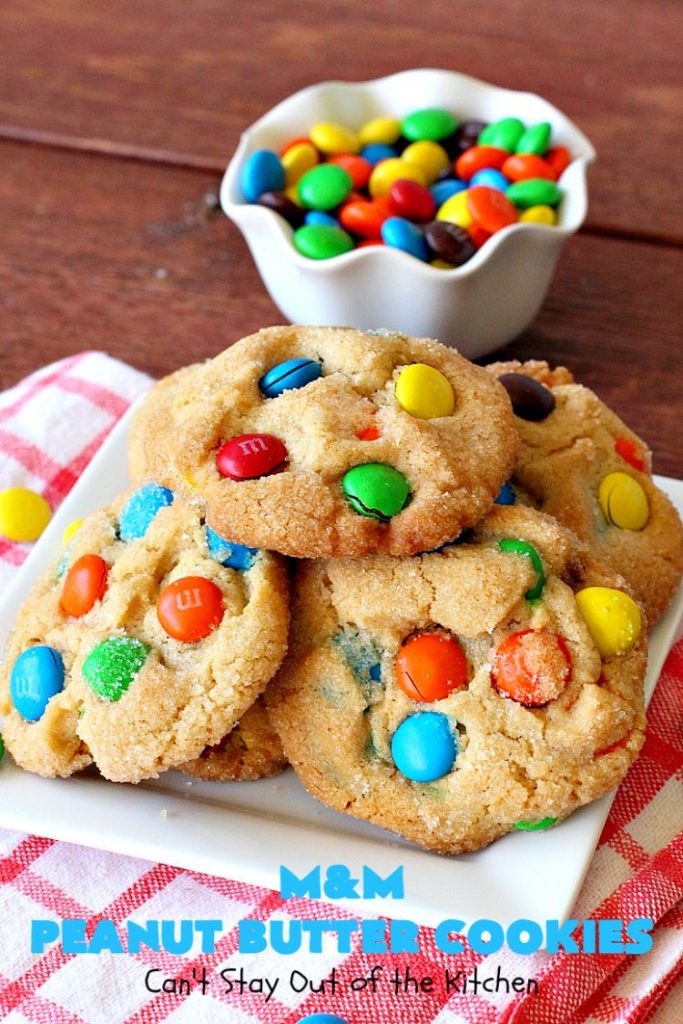 M&M Peanut Butter Cookies | Can't Stay Out of the Kitchen | these spectacular #cookies are divine! They're filled with #PeanutButter and #MMs! What's not to love? They'll cure any sweet tooth craving. Wonderful for #holiday #baking & #ChristmasCookieExchanges. #chocolate #PeanutButterCookies #ChocolateDessert #PeanutButterDessert #MMDessert #MMPeanutButterCookies